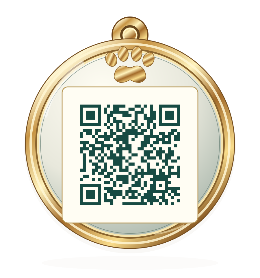 Médaille ronde dorée et brillante avec empreinte de patte et QR code menant à l’application